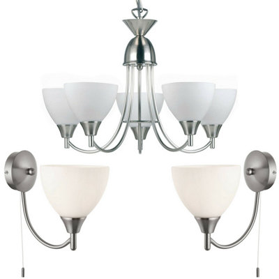 B&Q 5 Lamp Ceiling & 2X Wall Pack Satin Chrome Glass Matching Indoor Fittings Light