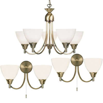B&Q 5 Lamp Ceiling & 2X Twin Wall Pack Antique Brass Glass Matching Fittings Light