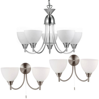 B&Q 5 Lamp Ceiling & 2X Twin Wall Pack Satin Chrome Glass Matching Fittings Light