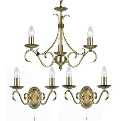  - 3 Lamp Ceiling & 2X Twin Wall Light Pack Antique Brass Vintage Matching Fittings