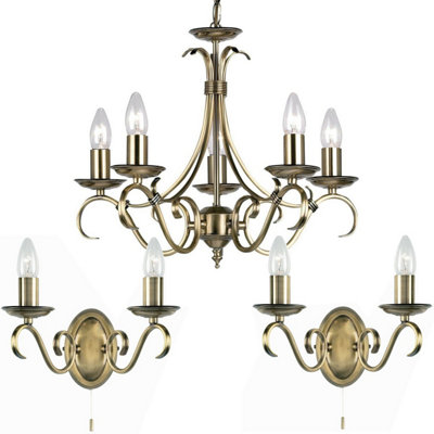  - 5 Lamp Ceiling & 2X Twin Wall Light Pack Antique Brass Vintage Matching Fittings