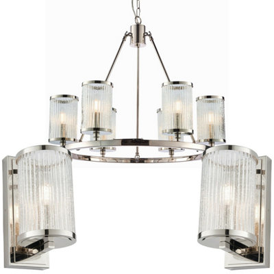  - 6 Lamp Ceiling & 2X Matching Wall Light Pack Bright Nickel & Ribbed Glass Shade
