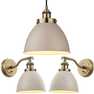  - Ceiling Pendant Lamp & 2X Matching Wall Light Pack Industrial Grey Brass Shade