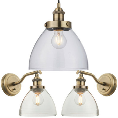  - Ceiling Pendant & 2X Matching Wall Light Pack Antique Brass & Clear Glass Shade