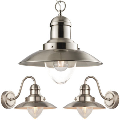 B&Q Hanging Ceiling Pendant Lamp & 2X Matching Wall Industrial Satin Nickel Light
