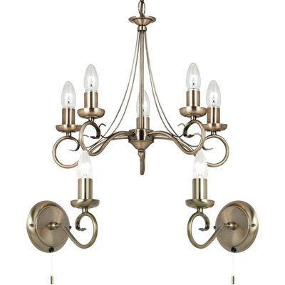 B&Q 5 Bulb Ceiling Pendant & 2X Matching Wall Curved Antique Brass Chandelier Light