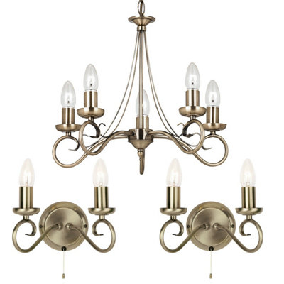 B&Q 5 Bulb Ceiling Pendant & 2X Matching Twin Wall Antique Brass Chandelier Light