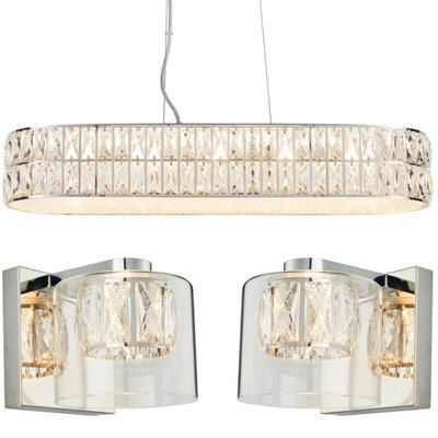 - 5 Bulb Ceiling Bar & 2X Matching Wall Mount Light Long Chrome & Crystal Glass