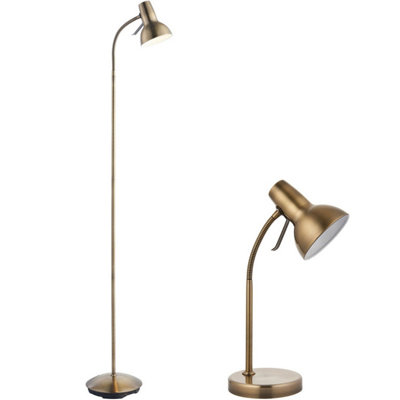  - Standing Floor & Table Lamp Set Antique Brass Adjustable Neck Living Room Light