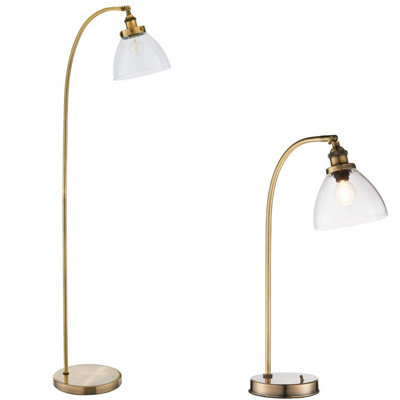 B&Q Standing Floor & Table Lamp Set Antique Brass Glass Shade Retro Industrial Light
