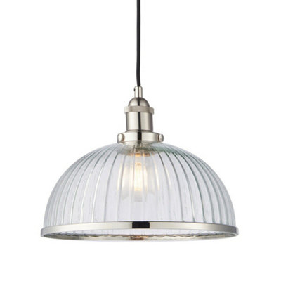 Hanging Ceiling Pendant Light Nickel & Ribbed Glass Dome Bowl Lamp Shade Holder from B&Q