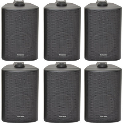 B&Q -  6X 70W 2 Way Black Wall Mounted Stereo Speakers 4 8Ohm Compact Background Music
