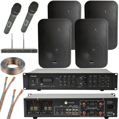 Loops Wireless Microphone Public Address System 4X Black 200W Wall Speakers 800W Amp from B&Q