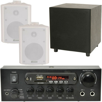B&Q -  Premium Tv Sound System White Wall Speakers 200W Subwoofer & Bluetooth Amp Kit