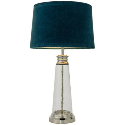  - Luxury Table Lamp Textured Hammered Clear Glass & Teal Velvet Fabric Shade Light
