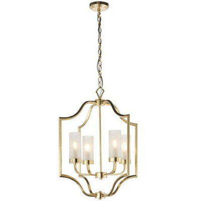  - Hanging Ceiling Pendant Light Satin Brass & Frosted Glass 4 Bulb Classic Feature