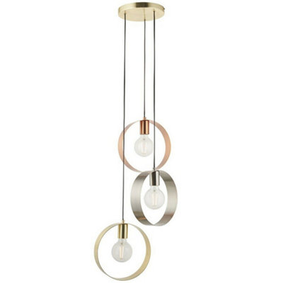 3 Bulb Multi Light Hanging Ceiling Pendant Brushed Copper Nickel & Brass Hoops from B&Q