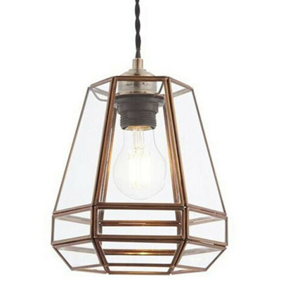 Hanging Ceiling Pendant Light Shade Antique Brass & Clear Glass Pear Drop Cage from B&Q