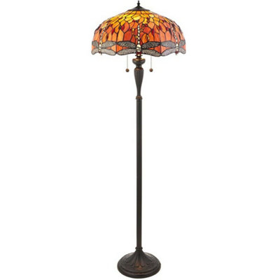 1.5M Tiffany Twin Floor Lamp Dark Bronze & Dragonfly Stained Glass Shade I00014 from B&Q