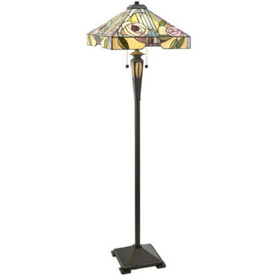  - 1.5M Tiffany Twin Floor Lamp Dark Bronze & Stained Glass Roses Shade I00029