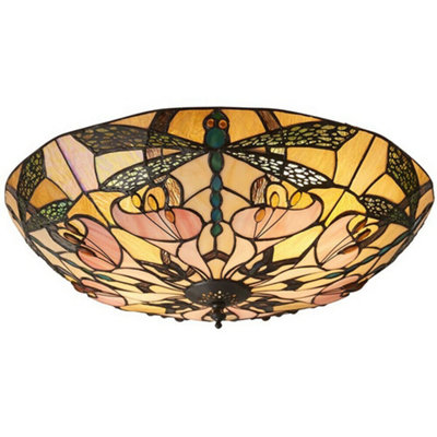 Tiffany Glass Semi Flush Ceiling Light Dragonfly Round Inverted Shade I00032 from B&Q