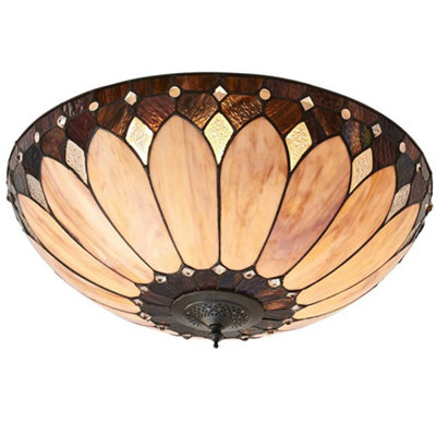 Tiffany Glass Semi Flush Ceiling Light Cream Bronze Round Inverted Shade I00036 from B&Q