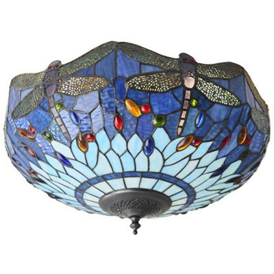 Tiffany Glass Semi Flush Ceiling Light Blue Dragonfly Inverted Shade I00044 from B&Q