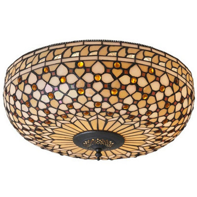 Tiffany Glass Semi Flush Ceiling Light Cream Bronze Round Inverted Shade I00156 from B&Q