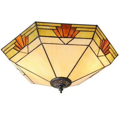 Tiffany Glass Semi Flush Ceiling Light Cream & Red Inverted Hex Shade I00058 from B&Q