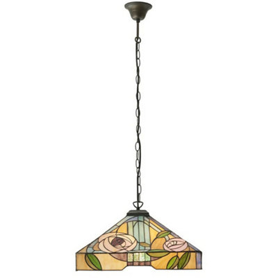 - Tiffany Glass Hanging Ceiling Pendant Light Bronze & Square Rose Shade I00155