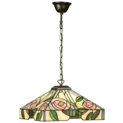  - Tiffany Glass Hanging Ceiling Pendant Light Bronze & Square Rose Shade I00156