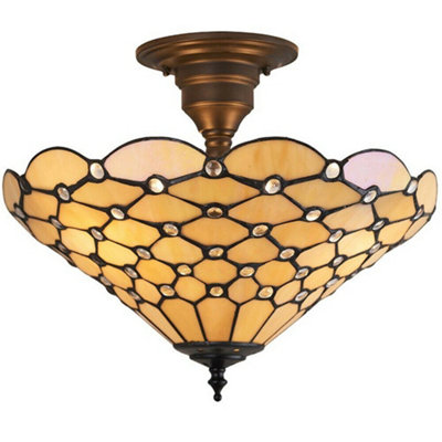 Tiffany Glass Semi Flush Ceiling Light Amber Geometric Inverted Shade I00161 from B&Q