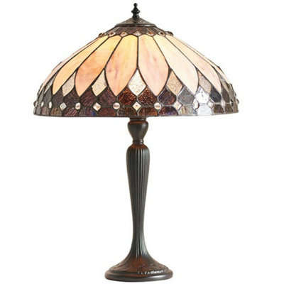 Tiffany Glass Table Lamp Light Dark Bronze & Rich Cream Art Deco Shade I00178 from B&Q