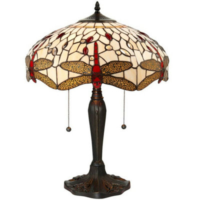 Tiffany Glass Table Lamp Light Dark Bronze & Cream Red Dragonfly Shade I00188 from B&Q