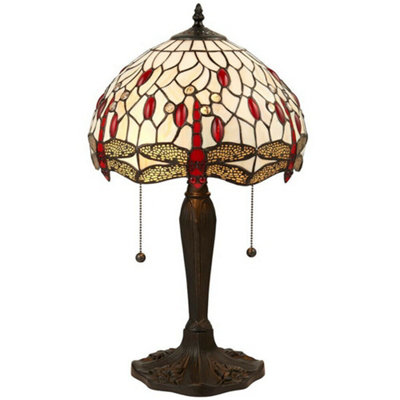 Tiffany Glass Table Lamp Light Dark Bronze & Cream Red Dragonfly Shade I00189 from B&Q