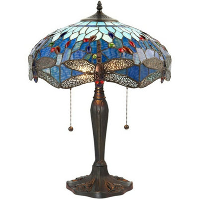 Tiffany Glass Table Lamp Light Dark Bronze Base & Blue Dragonfly Shade I00192 from B&Q
