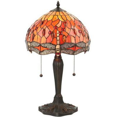  - Tiffany Glass Table Lamp Light Dark Bronze Base & Orange Dragonfly Shade I00196