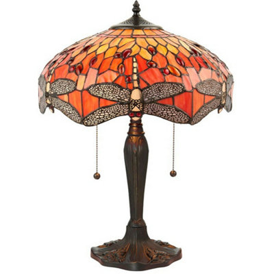  - Tiffany Glass Table Lamp Light Dark Bronze Base & Orange Dragonfly Shade I00197