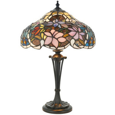  - Tiffany Glass Table Lamp Light Dark Bronze & Multi Colour Floral Shade I00229