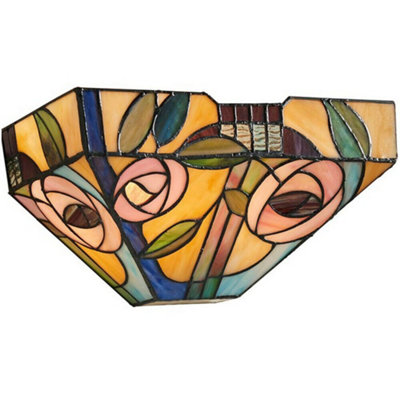 B&Q Tiffany Glass Wall Multi Colour Mackintosh Rose Shade Interior Sconce Light