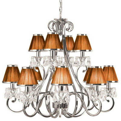  - Esher Ceiling Pendant Chandelier Nickel Crystal & Brown Shades 12 Lamp Light