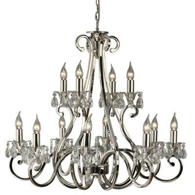  - Esher Ceiling Pendant Chandelier Polished Nickel & Crystal Curved 12 Lamp Light