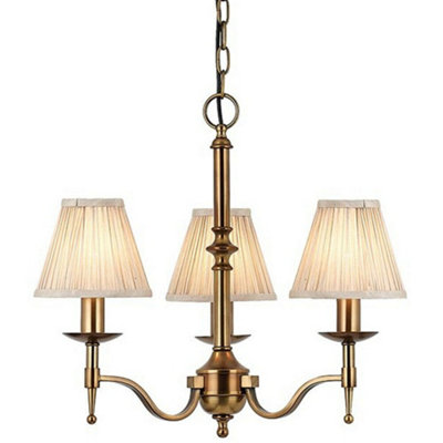 Avery Ceiling Pendant Chandelier Light 3 Lamp Antique Brass & Beige Pleat Shade from B&Q