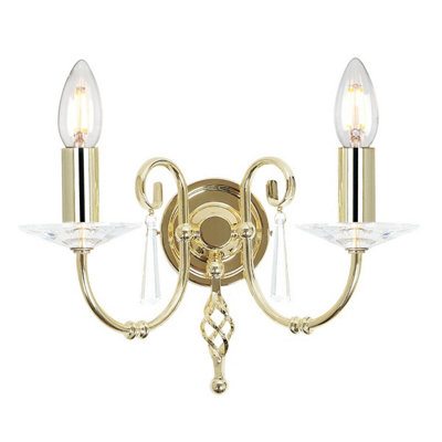 Elegant Twin Wall Light With Cut Glass Droplets And Polished Brass Finish from B&Q