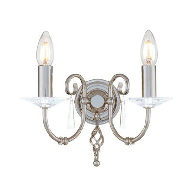 Elegant Twin Wall Light With Cut Glass Droplets And Polished Nickel Finish from B&Q