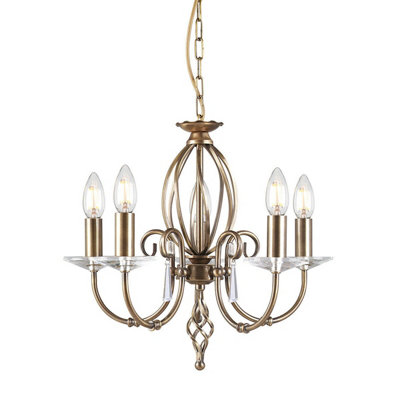 Elegant 5 Bulb Chandelier With Cut Glass Droplets And Aged Brass Finish from B&Q