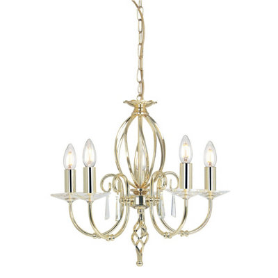  - Elegant 5 Bulb Chandelier With Cut Glass Droplets And Curved Brass StemLed E14 60W Lighting
