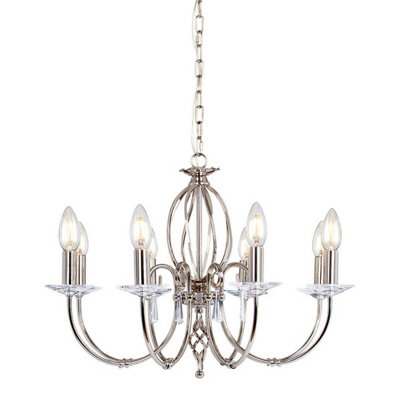 Elegant 8 Bulb Chandelier With Cut Glass Droplets And Curved Stem In Polished Nickel from B&Q