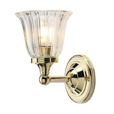  - Stylish Ip44 Ribbed Glass Wall Light With Polished Brass Finish And Led Bulb