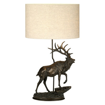 Elegant Large Table Lamp With Natural Hessian Shade And Bronze Patina Finish from B&Q